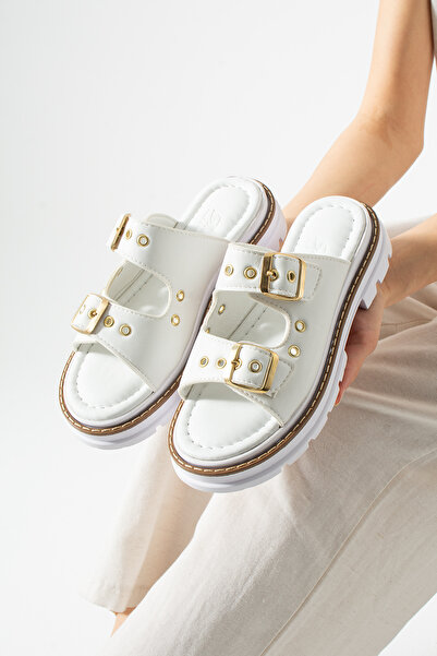 dabab shoes Raviela Women's White Double Strapped Buckled Toothed Thick Sole ...