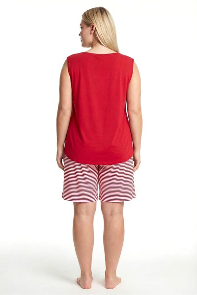 Akbeniz Women's Plus Size Striped Pocket Shorts Pajama Set - Red