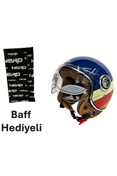 Nero TK06 ÇENESİZ YARIM KASK LACİVERT-KIRMIZI (S) + BAFF HEDİYELİ