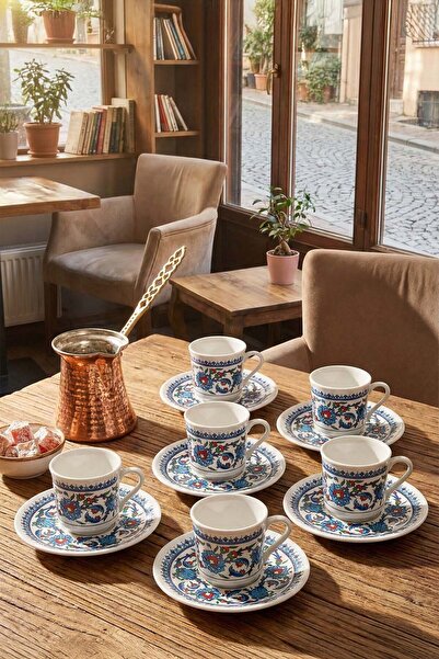 EvaniLife Porselen Fincan Takımı Geleneksel Çini Desenli Porselen Kahve Finca...