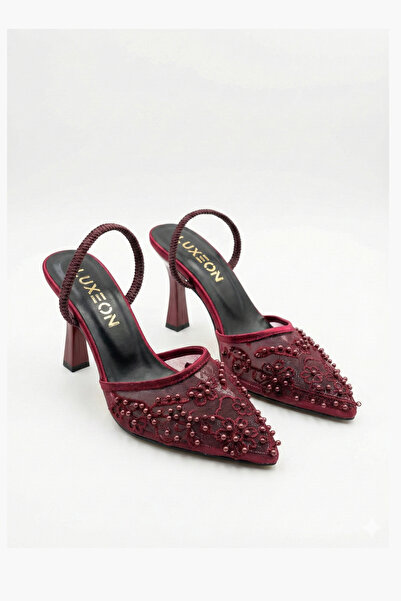 LUXEON Women's Burgundy Tulle Mesh Bead Embroidered Stiletto Open Back Evenin...