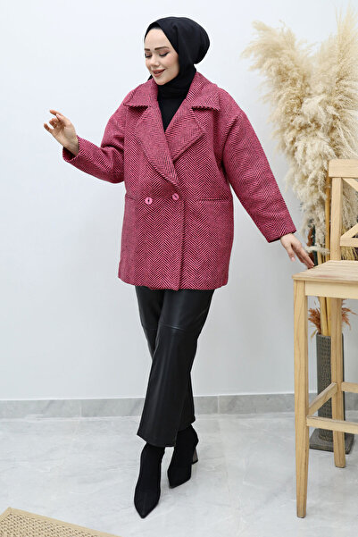 Tesettür Dünyası Pocketed Herringbone Patterned Coat Tsd260129 Pink