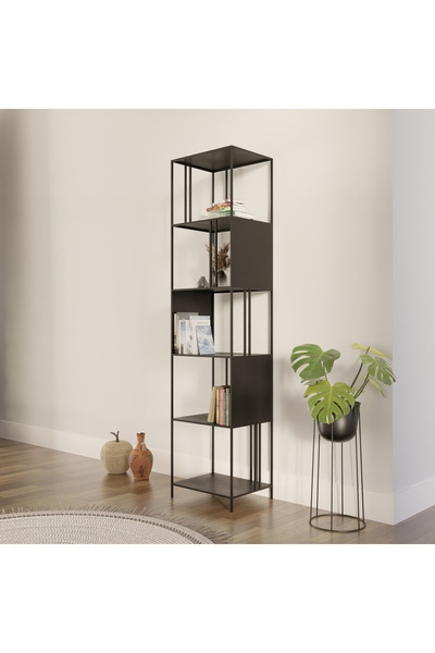 Vilva Dar Uzun Metal Kitaplık Siyah | Kademeli Raflı Kitap Rafı | Salon ve Antre Modern Dekoratif Raf Ünitesi