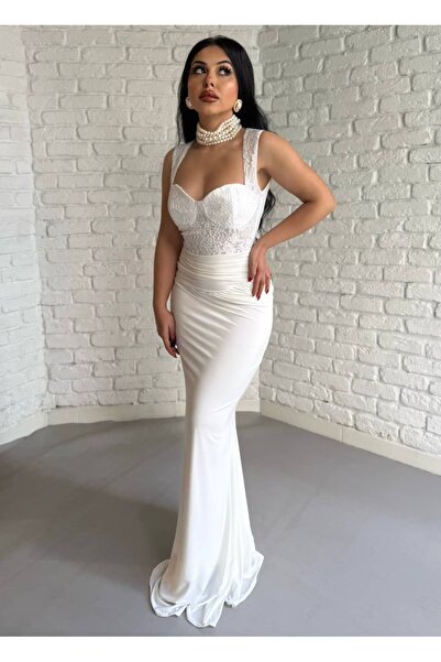 moneta boutique Women's Top Lace Detailed Long Draped Evening Dress