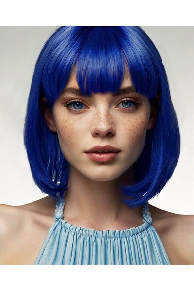 NO BRAND Short Blue Bob Wigs Straight with Fringe Synthetic Hair for Cosplay ...