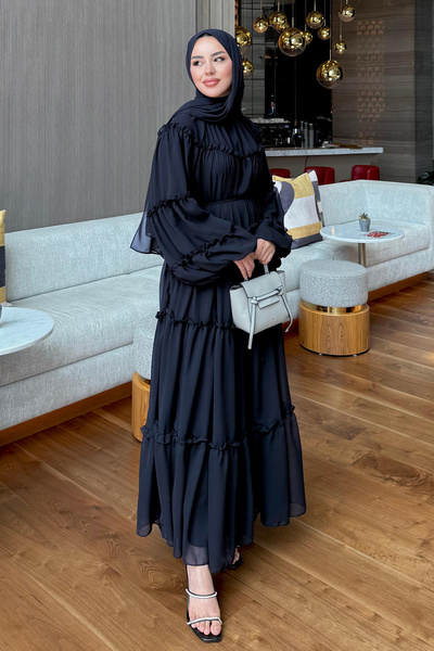 Salih Çelebi Chiffon Ruffle Dress Y0063 - Dark Blue