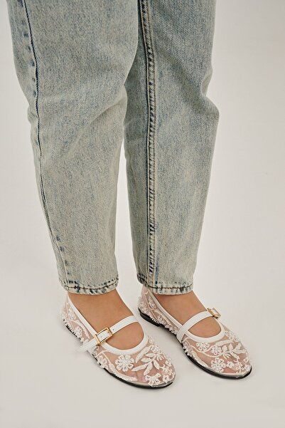 Modezya Sandra white Patterned Belt detail oval nose woman Ballet Flats