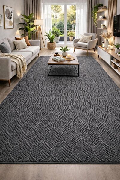 BESELY Modern Yaprak Desenli Halı Kabartmalı Koyu gri Kaymaz Taban Leke Tutma...