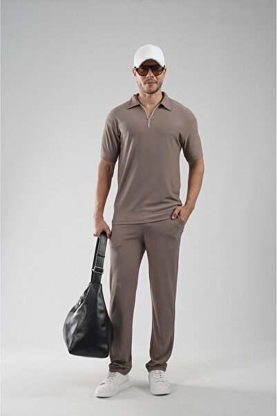 king brich Regular Fit T-Shirt and Pants Set with Zipper Collar