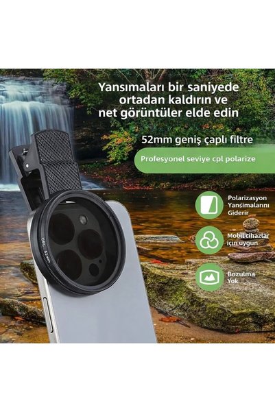 maetheus 52mm Ultra Clear CPL Polarize Filtre Klipsli Telefon Lens Yansıma Azaltıcı