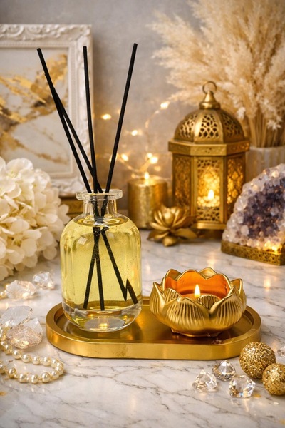 ersu store Gold 150ml Oda Kokusu Lotus Tealight Tabak Seti Bambu Çubuklu Hedi...