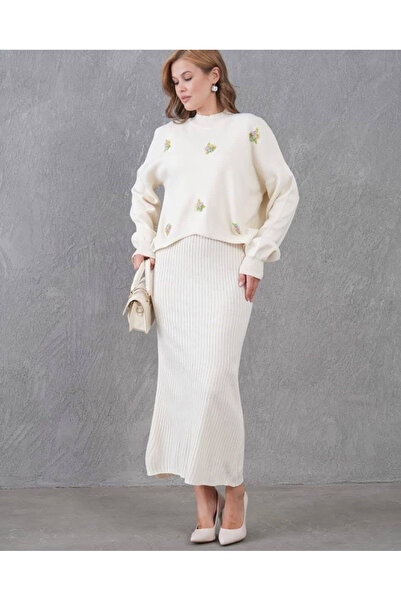 NEWCO Floral Stone Embroidered Maxi Dress and Bolero Two Piece Knitwear Set