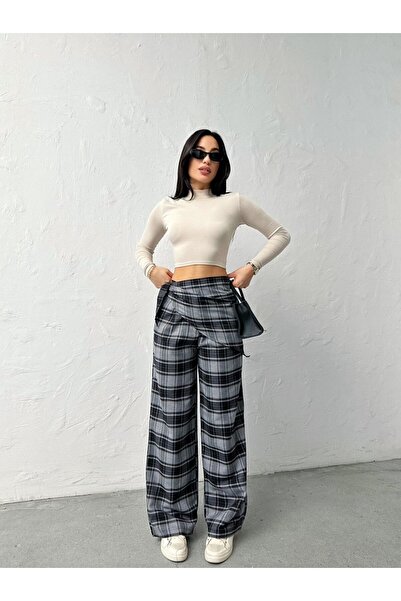 asur boutique Asur Butik Women's Scarf Detailed Plaid Trousers