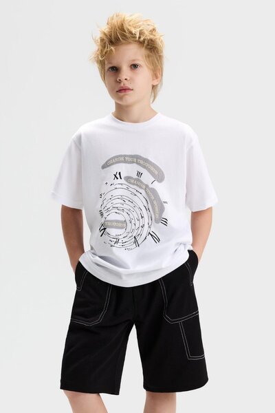 nk kids Boy's 8-14 Years Old Labyrinth Patterned Short Sleeve T-Shirt White