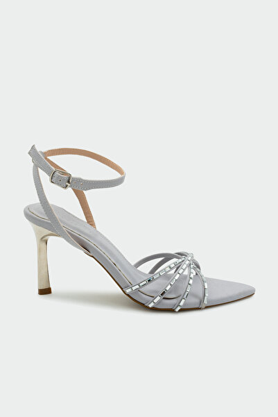 LAMİNTA Skate Crystal Stone Gray Satin Women's Heeled Shoes