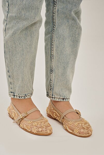 Modezya Sandra Beige Patterned Belt Detail Oval Toe Women's Ballet Flats