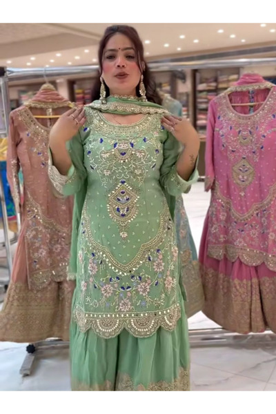 MYSMAR Teal Green Crepe Top Palazzo & Dupatta - HRT3113 | Teal Green