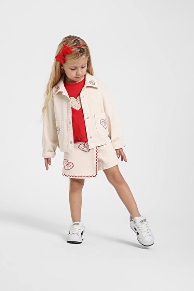 Escabel Kız Bebek 1-5 Yaş Nakış İşlemeli Denim Şort Etek Krem