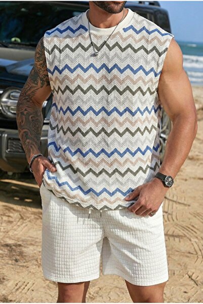 MADZEYMODA İndigo Zigzag Ç Striped Men's R Retro Patterned Crew Neck Merceriz...