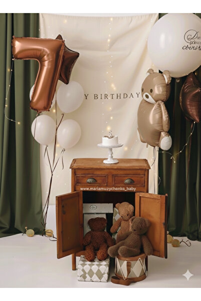 Çemrek Süs Parti Brown Number Bear Star Balloon Jumbo Balloon and Led Birthda...