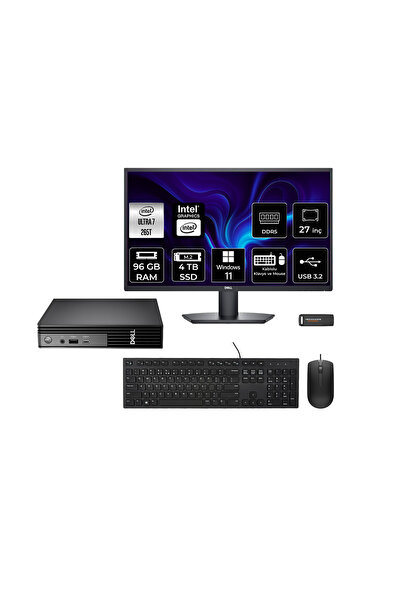Dell Pro Micro QCM1250 Ultra 7 265T 96GB 4TB SSD 27" Monitör W11P Mini Masaüs...