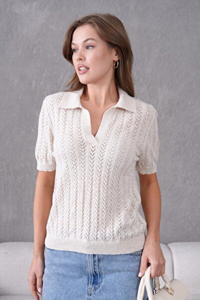 Noi Belis Polo Collar Perforated Short Sleeve Knitwear Blouse Ss26Bz0035
