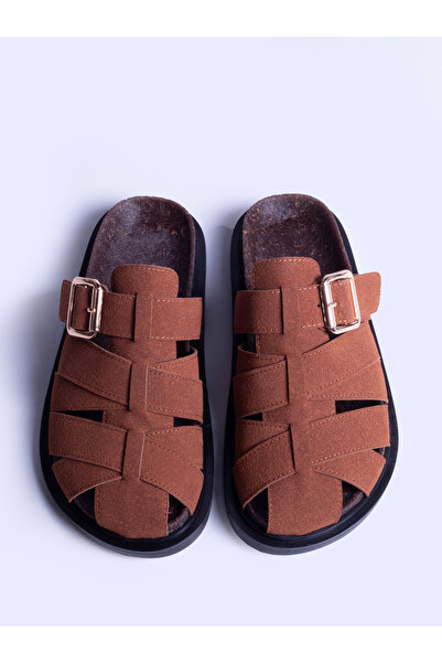 LONDON&LONDON Kadın Taba Süet Çapraz Bantlı Tokalı Düz Sandalet Modern Kesim ...
