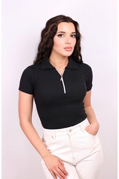 VAISHALI FASHION Kadın Siyah Fermuarlı Polo Yaka Likralı Örme Bluz