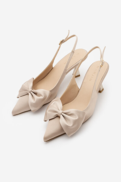 Marjin Women's Stiletto Open Back Bow Detail Heeled Shoes Sarvel Beige Satin