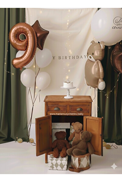 Çemrek Süs Parti Brown Number Bear Star Balloon Jumbo Balloon and Led Birthda...