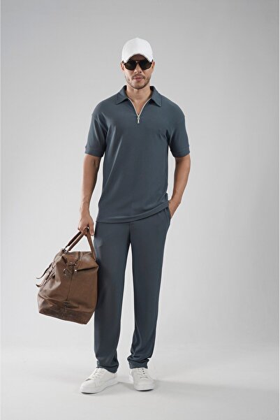 king brich Regular Fit T-Shirt and Pants Set with Zipper Collar