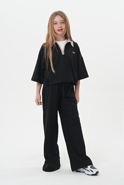 HayKids Set de trening cu picior larg pentru fete, negru, cu dantelă detalii ...