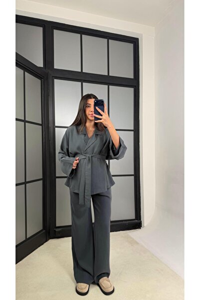 Gaus Antrasit Kuşaklı Ceket Beli Lastikli Pantolon Tencel Takım GAUS-01128