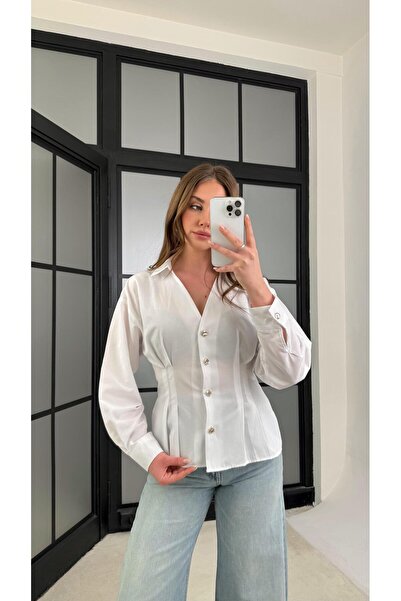 Gaus Beyaz Gold Düğmeli Belden Oturtmalı Gömlek GAUS-01230
