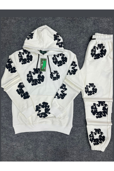 TRS YB GİYİM Unisex Oversize 2 İplik Eşofman Takım Kabartmalı Çiçek Desenli H...