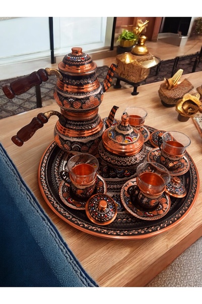 FeyzaDesign El İşlemeli Bakır Çaydanlık ve Seti, Şık ve Zarif Tasarım
