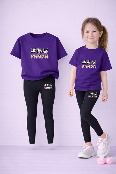 LORVEX Set de jambiere pentru fete tricou și elastic bumbac 100% PANDA cu imp...