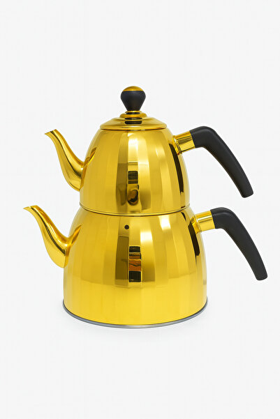FeyzaDesign Paslanmaz Çelik Gold Çaydanlık Takımı, Ergonomik Siyah Saplı, 1L ...