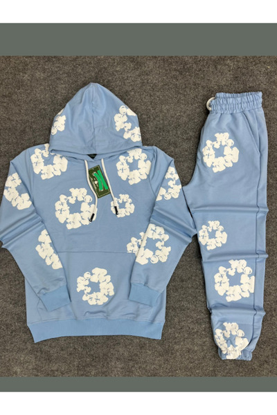 TRS YB GİYİM Unisex Oversize 2İplik Eşofman Takım Kabartmalı Çiçek Desenli Ho...