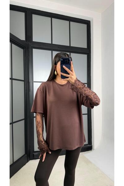 Gaus Καφέ μπλουζάκι με λεπτομέρειες Δαντέλα από ύφασμα Μοντάλ Basic Tshirt ga...