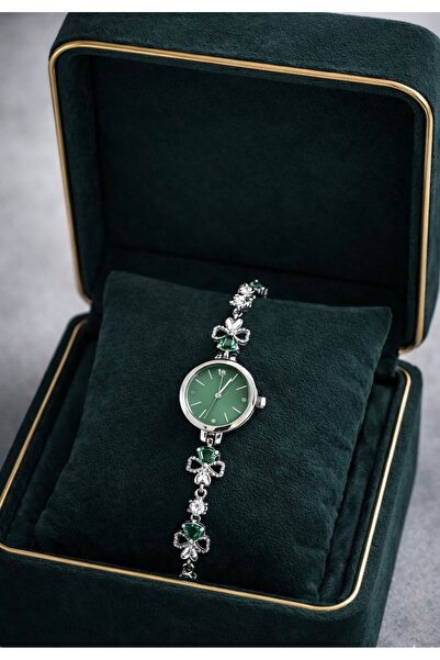 Spectrum Yuvarlak Kasa Taşlı Kordon Kadın Kol Saati Gümüş (Yeşil Kadran)