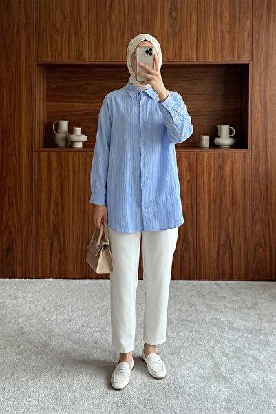 MODAQU Stripe Pattern Buttoned Shirt Tunic - Baby Blue