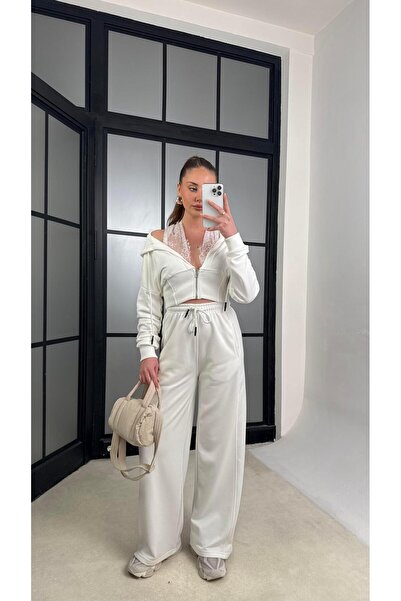 Gaus Beyaz Dantel Detaylı Hırka Beli Lastikli Eşofman Takım GAUS-01226