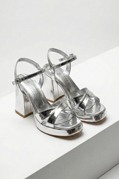 Elvessa Women's Silver 10 cm Block Heel Piece Evening Dress Shoes