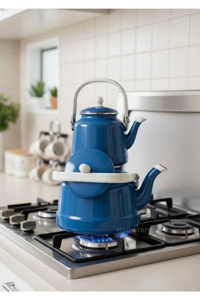 FeyzaDesign Vintage Mavi Emaye Erzurum Çaydanlık Takımı, Şık ve Kullanışlı Ta...