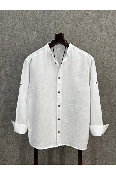 FıttingRoom Oversized Apolet Folded Cotton Muslin White Judge Collar Shirt