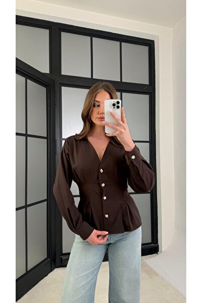 Gaus Acı Kahve Gold Düğmeli Belden Oturtmalı Gömlek GAUS-01230