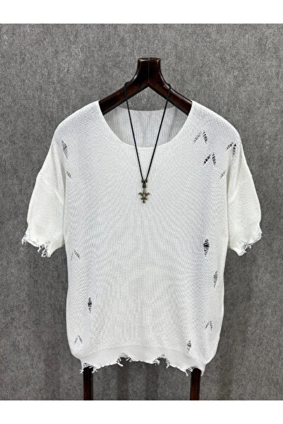 FıttingRoom Oversize Laser Frayed White Knitwear Tshirt