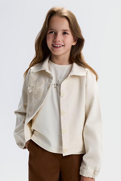 nk kids Girl Child 8-14 Years Old Pearl and Flower Motif K Linen Jacket Cream