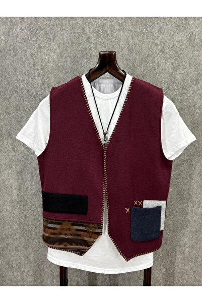 FıttingRoom Regular Cotton Woven Bordo Bohemian Vest